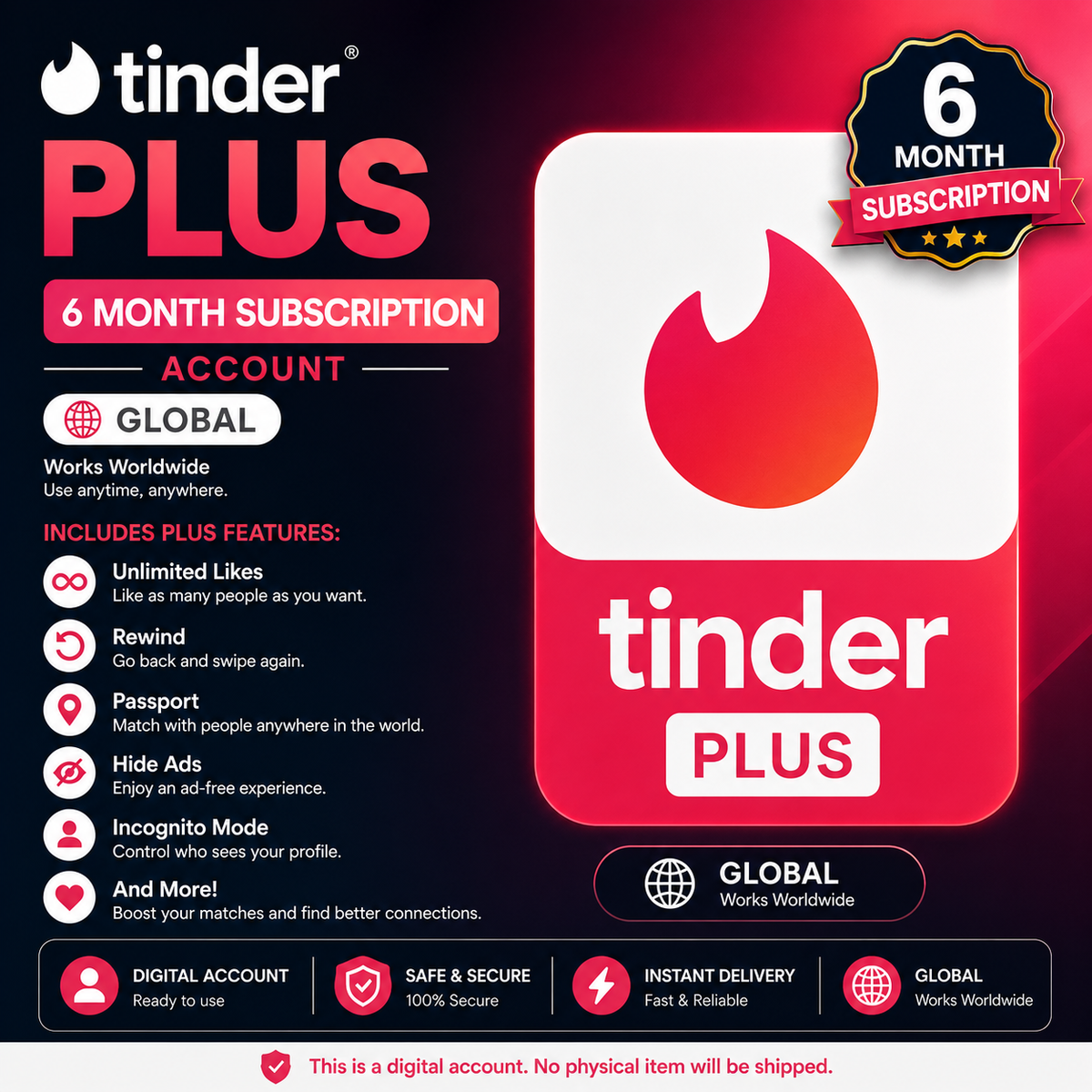 Tinder Plus 6 Month Subscription- Account Global